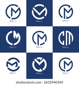 A collection of 9 modern CM letter logos with circular themes, perfect for branding, business identity, and creative design.