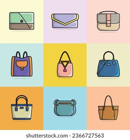 Collection of 9 Modern Designer Ladies Handbags vector illustration. Beauty fashion objects icon concept. Set of girls fashion purses vector design isolated on colorful background.