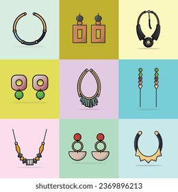 Collection of 9 Modern Designer Neck Necklaces and Colorful Earrings vector illustration. Beauty fashion objects icon concept. Set of women fashion design accessories vector design.