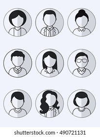 Collection of 9 monochrome user icons for people of different sex, age and appearance for avatars in social networks, and communication interface