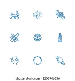 Collection of 9 moon outline icons include icons such as asteroid, astronaut, black hole, eclipse, hubble space telescope, mars rover, nebula, saturn
