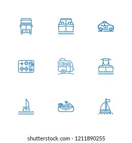 Collection of 9 motor outline icons include icons such as jet ski, boat, double decker bus, jet boating, sailboat, taxi, components