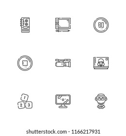 Collection of 9 multimedia outline icons include icons such as player, tv, video camera, recorder, numbers, pause button, stop button, television