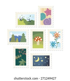 Collection of 9 nature postage stamp designs. Eps 8 Vector