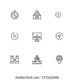 Collection of 9 navigation outline icons include icons such as upload, placeholder, compass, play button, tracker, binocular