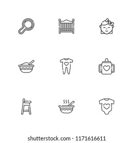 Collection of 9 newborn outline icons include icons such as baby food, baby clothes