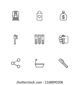 Collection of 9 objects outline icons include icons such as pen, bath, money bag, shopping bag, test tube, train