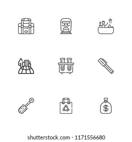 Collection of 9 objects outline icons include icons such as pen, cityscape, bath, test tube, money bag, shopping bag, bag