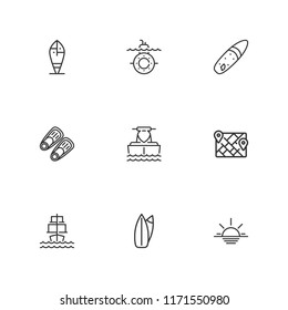 Collection of 9 ocean outline icons include icons such as map, fins, surf, surfboard, jet boating, sailing ship, submarine, sunset