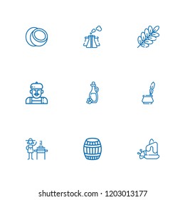 Collection of 9 oil outline icons include icons such as aromatic candle, coconut, artist, branch, pollution, burner, ink, barrel