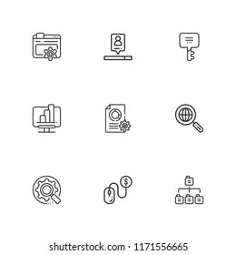 Collection of 9 optimization outline icons include icons such as analytics, search engine, pay per click, keyword, optimization