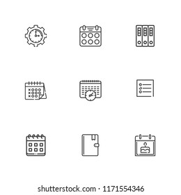 Collection of 9 organizer outline icons include icons such as calendar, archives, address book, event, time management