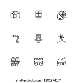 Collection of 9 outdoor outline icons include icons such as neighborhood, canoe, field of view, palm tree, barbecue grill, flip flops, billboard, acorn