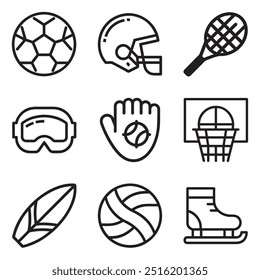 Uma coleção de 9 ícones de esportes ao ar livre projetados em um estilo de contorno elegante, com vários equipamentos esportivos, como capacete de futebol, raquete de tênis, basquete, bola de futebol, luva de beisebol