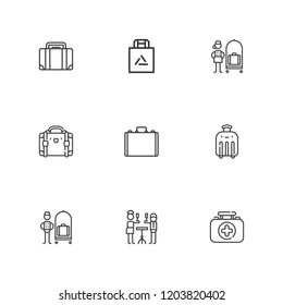 Collection of 9  outline icons include icons such as briefcase, shopping bag, suitcase, bellhop, lounge
