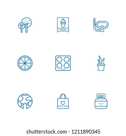 Collection of 9 collection outline icons include icons such as tree, planet earth, kitchen, orange, snorkel, plant, chinese ink, shopping bag