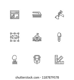 Collection of 9 paint outline icons include icons such as brush, kindergarten, auto ricksaw, graphic design, layout, sculpture