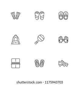 Collection of 9 pair outline icons include icons such as gloves, ping pong, soccer shoe, maraca, flip flop, flippers, sandals, flip flops