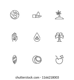 Collection of 9 palm outline icons include icons such as palm tree, palm, save water, surfboard, coconut