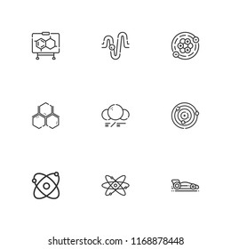 Collection of 9 particle outline icons include icons such as formula, atomic, physics, atoms