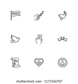 Collection of 9 peace outline icons include icons such as branch, dove, peace, peace treaty, pigeon