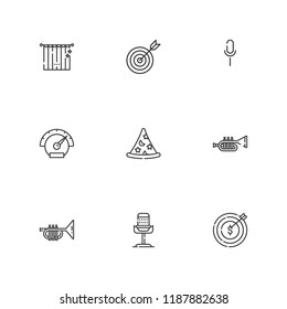 Collection of 9 performance outline icons include icons such as target, microphone, speedometer, trumpet, wizard