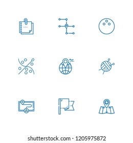 Collection of 9 pin outline icons include icons such as bowling, flag, sticky note, location, map, wool ball