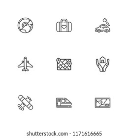 Collection of 9 plane outline icons include icons such as map, insurance, plane, luggage, earth, train