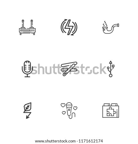Collection of 9 plug outline icons include icons such as green energy, renewable energy, microphone, pipe, usb, web plugin, stick