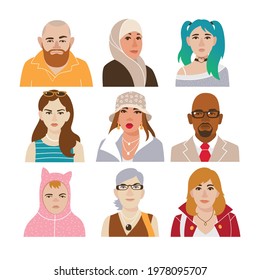 Collection of 9 portraits of different people, different age, subculture and ethnicity.