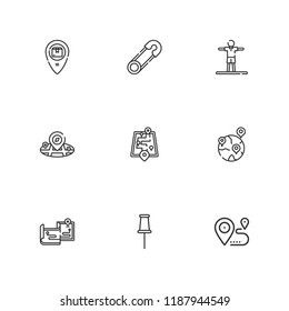 Collection of 9 position outline icons include icons such as pin, placeholder, location, geolocalization, street map, maps