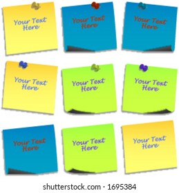 Collection of 9 post-its with and without thumb tacks and folded corners. File is completely adaptable to your own taste and needs