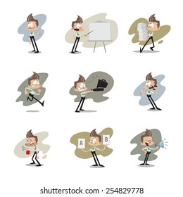 Collection of 9 postures of a young office guy in shirt and tie doing things in the office, like talking on the phone, drinking coffee, holding a presentation and more.