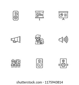 Collection of 9 presenter outline icons include icons such as presentation, speaker, speakers