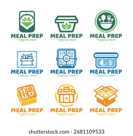 Una colección de 9 diseños profesionales de logotipos de servicio de preparación de comidas para la entrega de comidas, marcas centradas en la salud y soluciones de comedor convenientes.