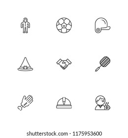 Collection of 9 professional outline icons include icons such as handshake, meeting, helmet, suit, badminton, baseball, hand, witch hat