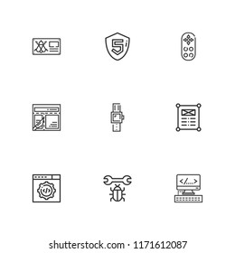 Collection of 9 program outline icons include icons such as web design, bug, web development, remote control, smartwatch, html