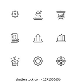 Collection of 9 progress outline icons include icons such as bar chart, growth, analytics, settings