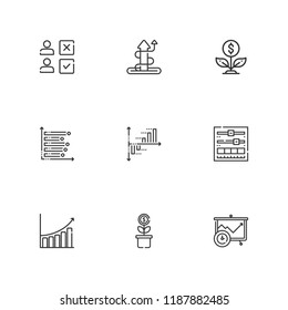 Collection of 9 progress outline icons include icons such as growth, setting, bar chart, choice