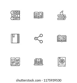 Collection of 9 publish outline icons include icons such as book, share, books