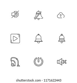 Collection of 9 push outline icons include icons such as vacuum cleaner, mute, upload to cloud, bell, power