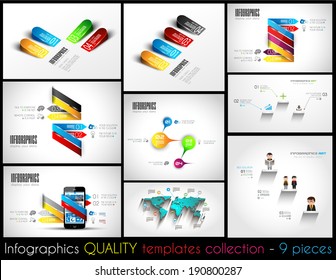 Collection of 9 quality Infographic Templates. A lot of different templates ready to display your data.