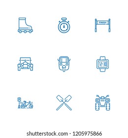 Collection of 9 race outline icons include icons such as stopwatch, roller skate, auto ricksaw, classic car, quad, finish, bicycle, watch