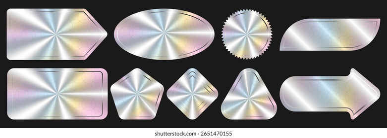 Coleção de 9 modelos de etiqueta holográfica arco-íris. Holograma para vendas, descontos, etiquetas de preço, rotulagem do produto, etc. Imagem vetorial.