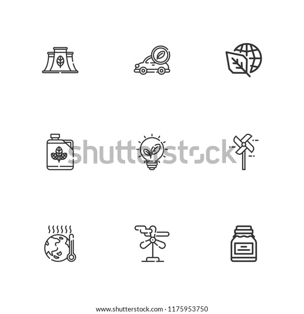 Collection of 9\
renewable outline icons include icons such as ecology, pinwheel,\
eco factory, biodiesel, wind turbine, electric car, renewable\
energy, global\
warming