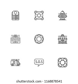 Collection of 9 rescue outline icons include icons such as rescue, lifesaver, fire station, hydrant, ambulance, hospital