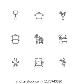 Collection of 9 restaurant outline icons include icons such as apron, pan, room service, beer, waitress, cocktail, spatula, cooking pots