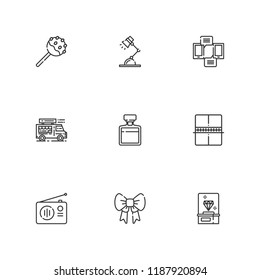 Collection of 9 retro outline icons include icons such as radio, ping pong, whiskey, diamond, desk lamp, food truck, cake pop, ribbon