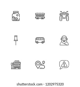 Collection of 9 road outline icons include icons such as pin, quad, bus, railway, risk, cones, plato, location