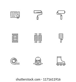 Collection of 9 roll outline icons include icons such as paint roller, roller skate, tape, burger, carpet, diploma